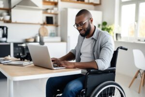 man in a wheelchair on a laptop
